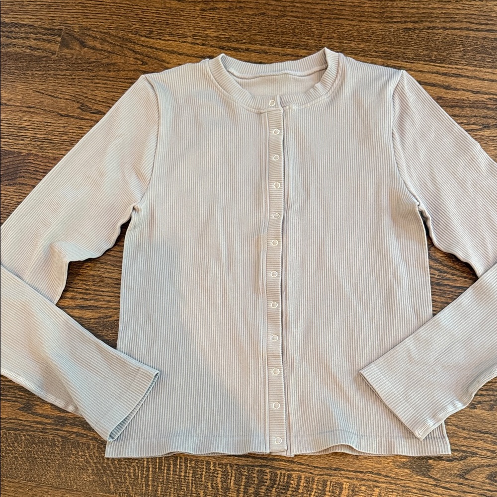 Ribbed Button-Up Long Sleeve Top spandex OQQ XL